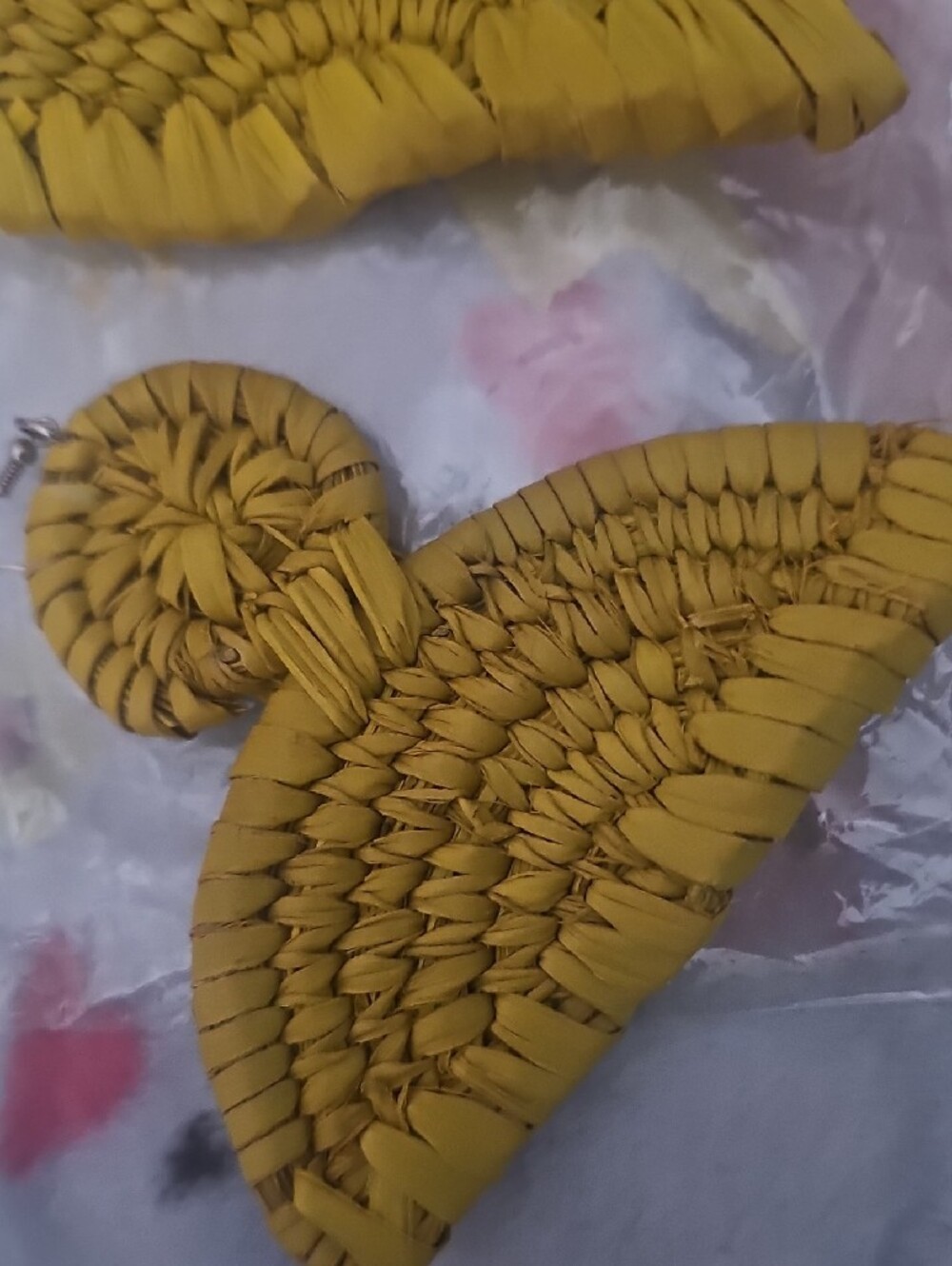 Handwoven Yellow Raffia Fan Drop Earrings - Picture 3 of 4